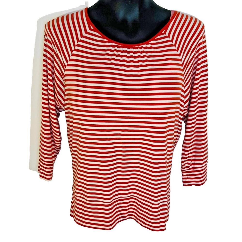 Coldwater Creek Top Blouse Womens S Red, White Stripe 3/4 Sleeve Scoop Neck